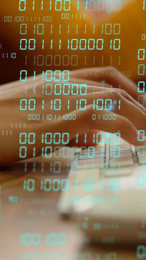 Vertical video: Finger touching keys, hands typing and using mouse, binary Stock Footage 335507558