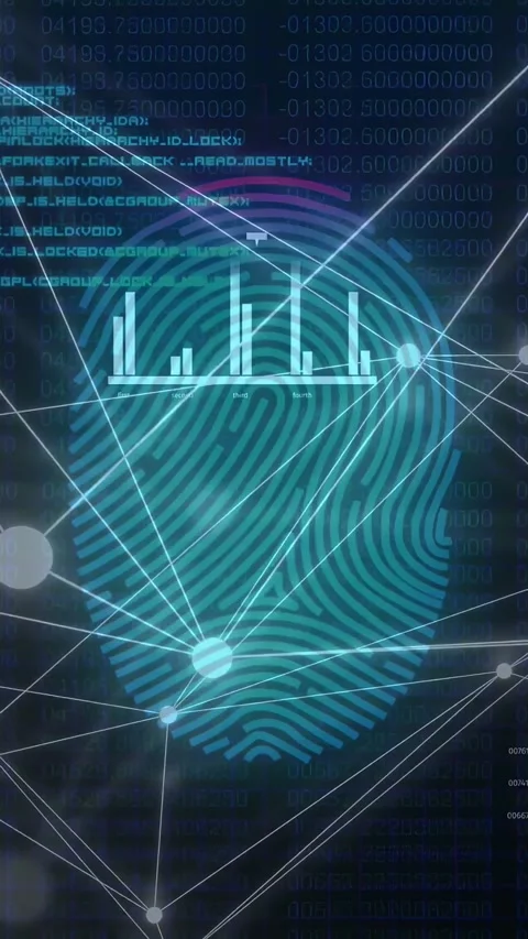 Vertical video: Fingerprint appearing, lines shifting, nodes pulsing, bars Stock Footage 335678002
