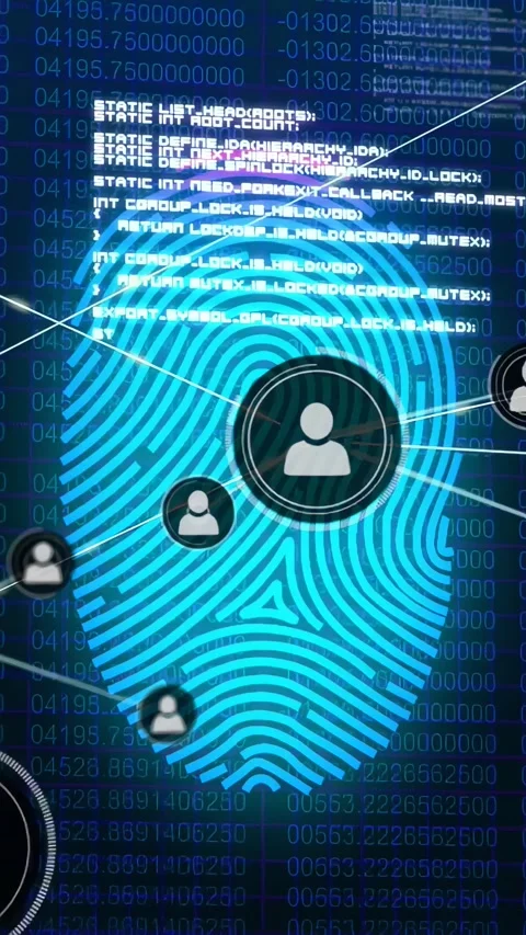 Vertical video: Fingerprint central ring pulsing, spawning linking user icons Stock Footage 329552611