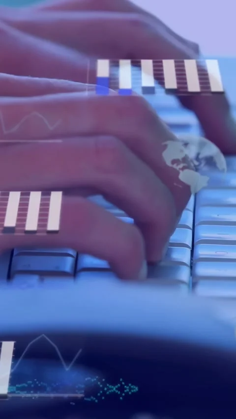 Vertical video: Fingers starting typing, hands sliding across keyboard while HUD Stock Footage 334319469