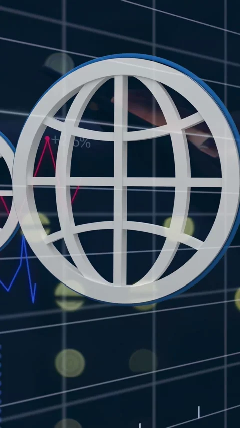 Vertical video: Fingertip entering, 3D globe scaling while charts falling to Stock Footage 334859761