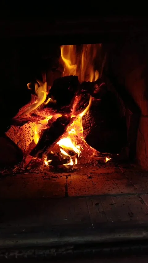 Vertical video of a fire in a fireplace in a house Stock Footage 196149832