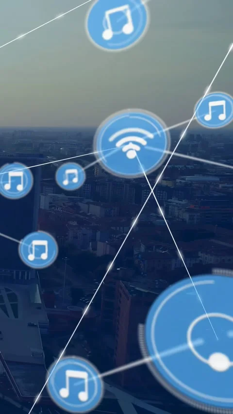 Vertical video: First node appearing network growing across dusk city showing Stock Footage 331029742