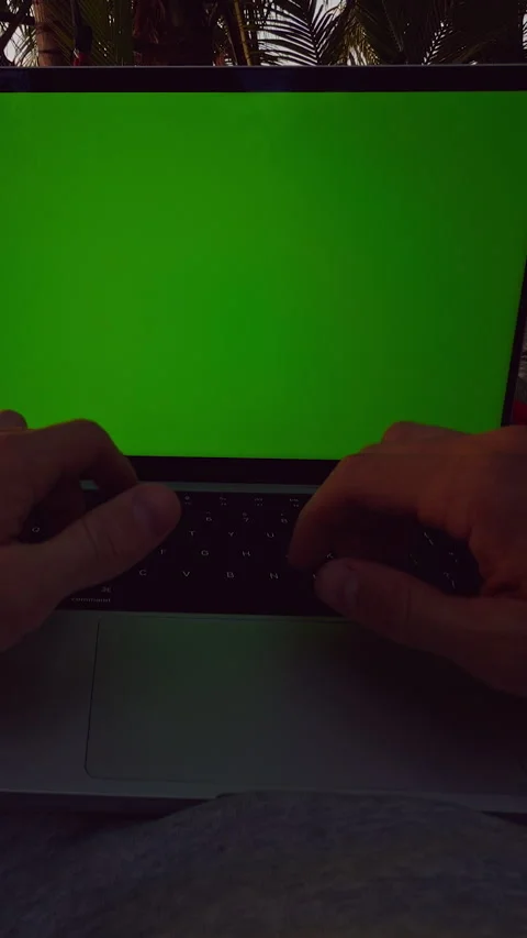 Vertical video. First Person View Of Hands Typing On Laptop With Green Screen Wh Stock Footage 326972135
