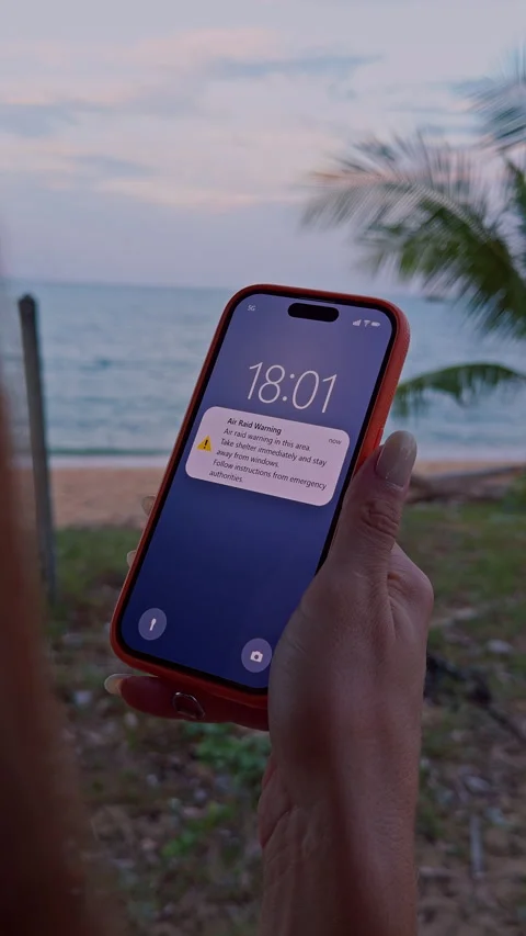 Vertical video. First Person View of Woman Holding Smartphone With Air Raid Warn Video stock 330648954