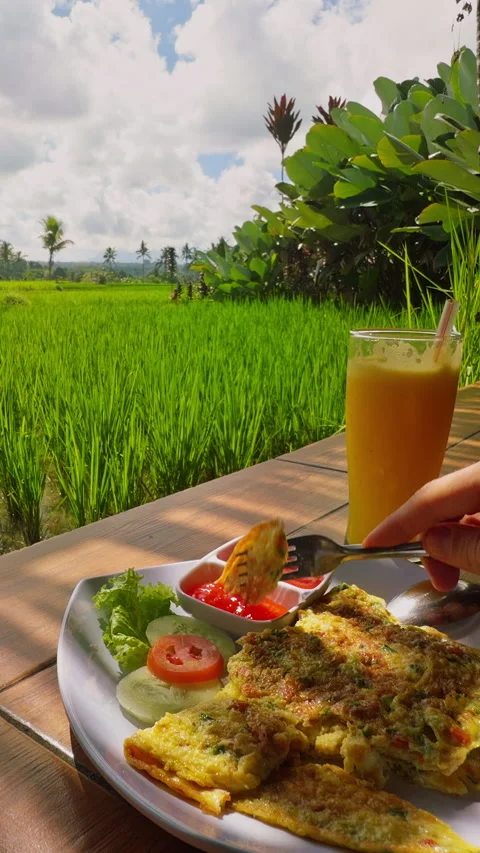 Vertical video. First Person View Holding Fresh Breakfast Above Tropical Rice Fi Stock Footage 337031734
