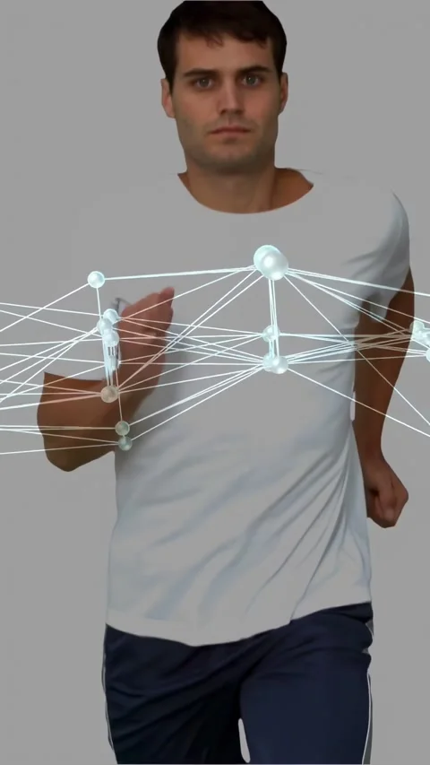 Vertical video: First stride sending man running to cam, node net tracking chest Stockbeeldmateriaal 334391196