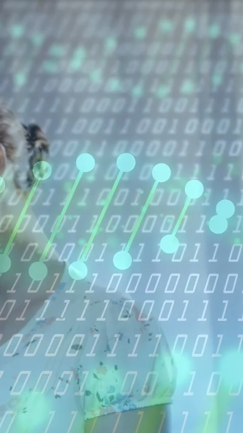 Vertical video: First woman tapping smartphone, binary or node overlay linking Stock Footage 333650311