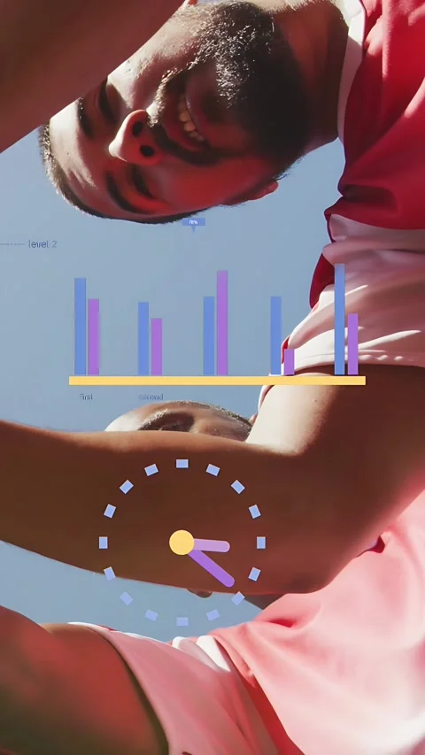 Vertical video: Fit duo checking app leaning over lens tracking bar chart static Stock Footage 333954211