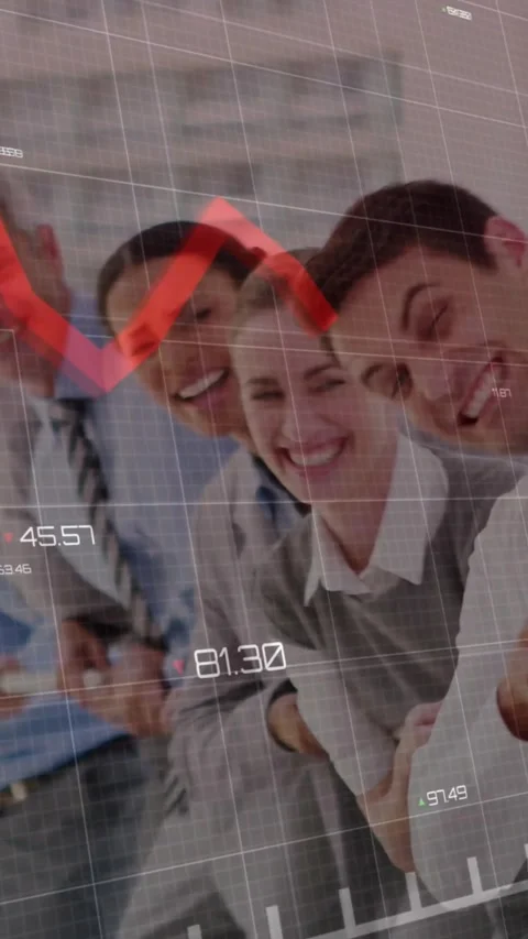 Vertical video: Five business team leaning, pan sparking chart sweeping across Stock Footage 331721029