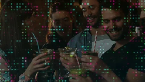 Vertical video: Five friends raising cocktails to toast in bar, pixel overlay Stock Footage 332281269