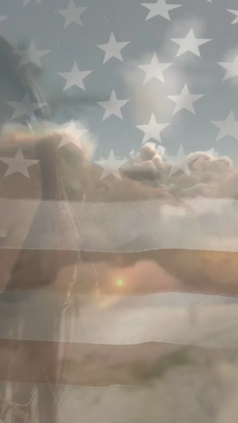 Vertical video: Flag overlay shifting, woman revealing, tilting back and Stock Footage 337540949