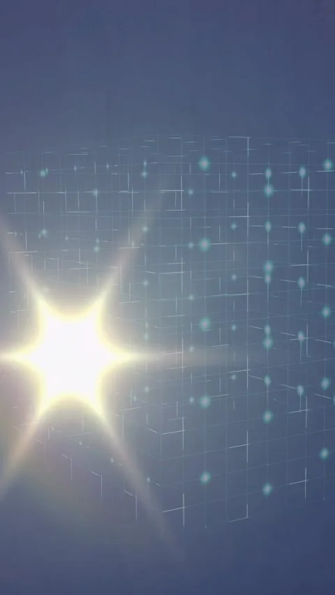 Vertical video: Flare growing left, moving right, dimming, 3D wireframe cube Stock Footage 329613114