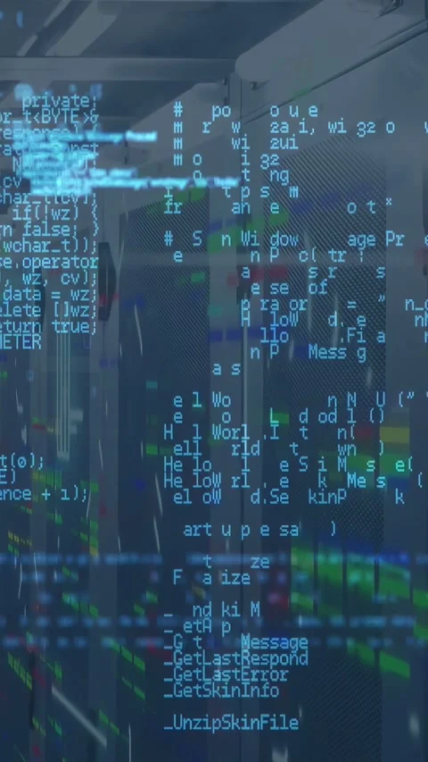 Vertical video: Flickering code overlay starting shifting text, revealing server Stock-Footage 332595162