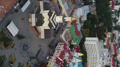 Vertical video. Flight from of historic center of Ivano-Frankivsk city. Video stock 220104804