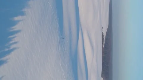 Vertical video. Flight over snow-covered fields. Man travels alone. Video stock 220133199