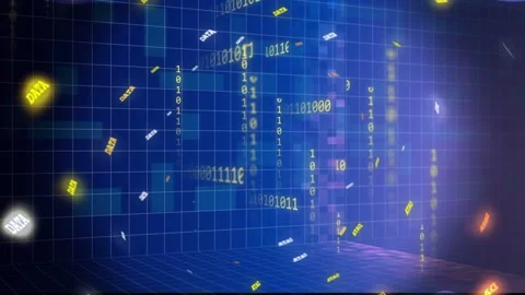Vertical video: Floating DATA tokens binary streams drifting inward forming Stock Footage 332686101