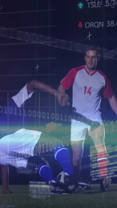 Vertical video: Floodlit player dribbling ball as HUD tech sweeping, rival Stock Footage 334382538