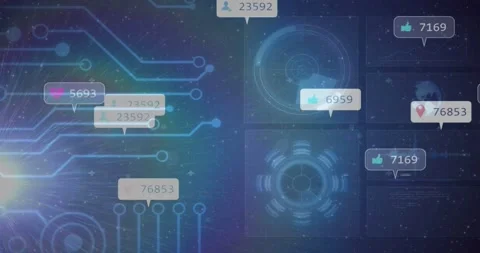 Vertical video: Flowing badges along neon traces from left flare in network UI, Stock Footage 331180693