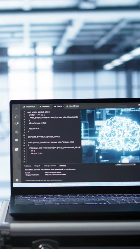 Vertical video Focus on laptop in data center with AI brain used by engineers in Stock Footage 277856578