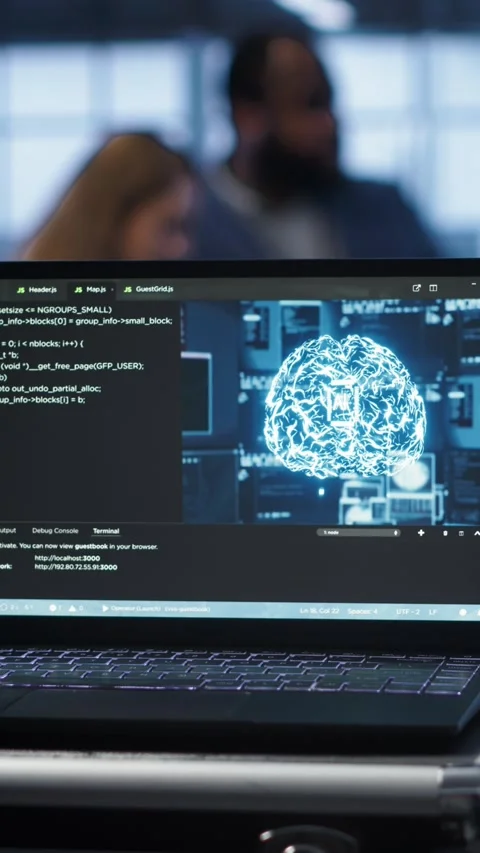 Vertical video Focus on notebook used by engineers in server hub in blurry Stock Footage 277855899