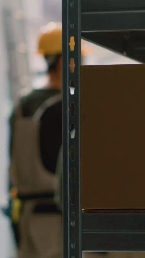 Vertical video Focus on parcel box in warehouse Stock Footage 249527501