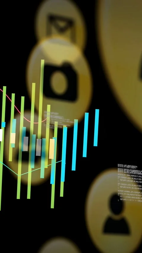 Vertical video: Focus pull moving UI icons closer, bars growing, lines tracing Stock Footage 332806795