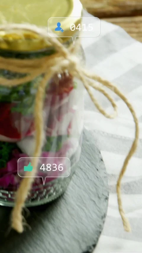 Vertical video: Focus shifting revealing jar while social icons popping showing Stock Footage 334187532