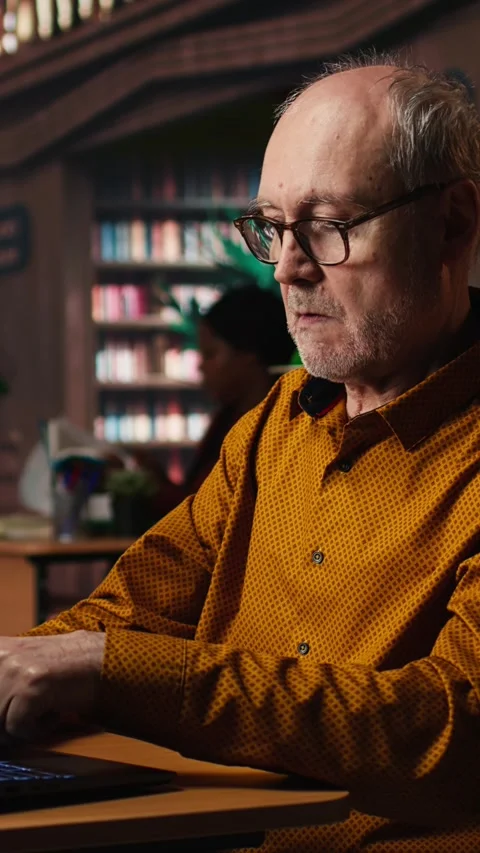 Vertical Video Focused senior guy reading academic text on laptop at the Stock Footage 313246573