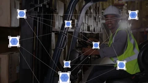 Vertical video: Forklift driver operating controls, blue nodes linking mast with Stock Footage 331821010