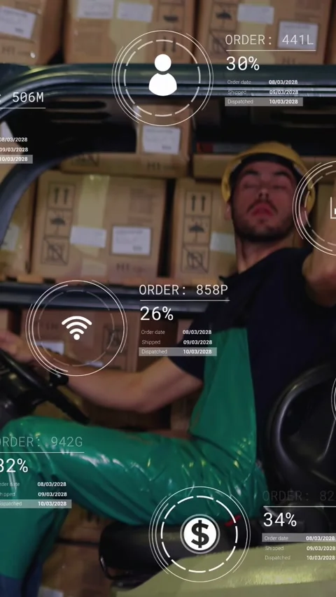 Vertical video: Forklift driver receiving warehouse updates as AR HUD tracking Stock Footage 334296266