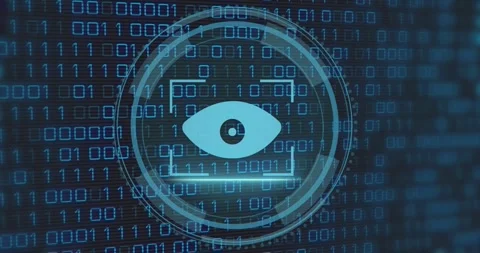 Vertical video: Forming circular HUD eye over binary as Cyber Security appearing Stock Footage 330540568