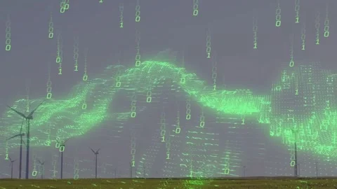 Vertical video: Forming green wave and falling 1s and 0s across grey sky at Stock Footage 334112442