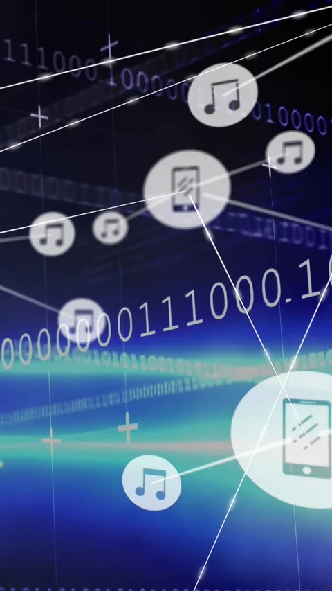 Vertical video: Forming network on dark HUD as binary rising, crosses, phone, Stock Footage 331077729