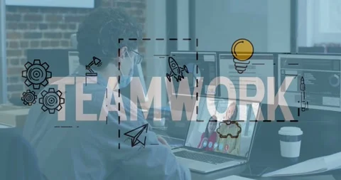 Vertical video: Forming TEAMWORK overlay urging masked man viewing laptop call, Video stock 331434531