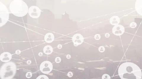 Vertical video: Forming user network linking nodes from one right node over hazy Vídeo Stock 333968605