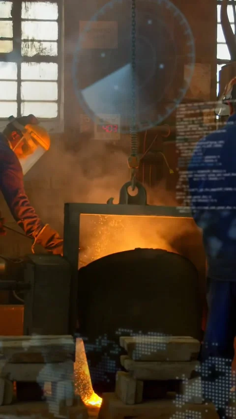 Vertical video: Foundry crucible starting pour, workers guiding pour to molds, Stock Footage 331167278