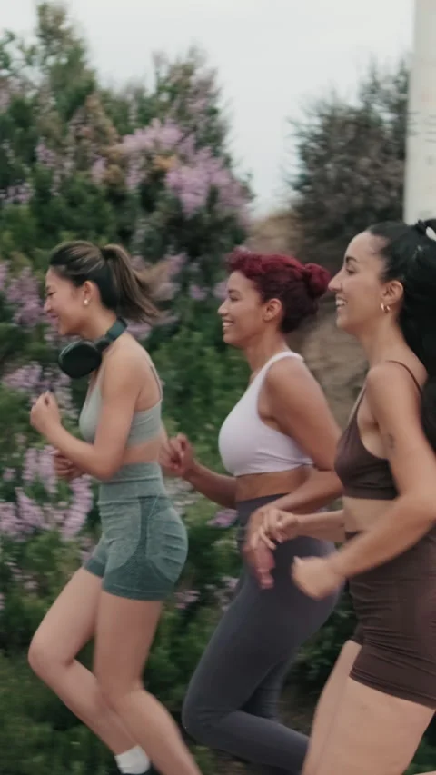 Vertical video, Four Women Jogging and Chatting Stock Footage 313153012