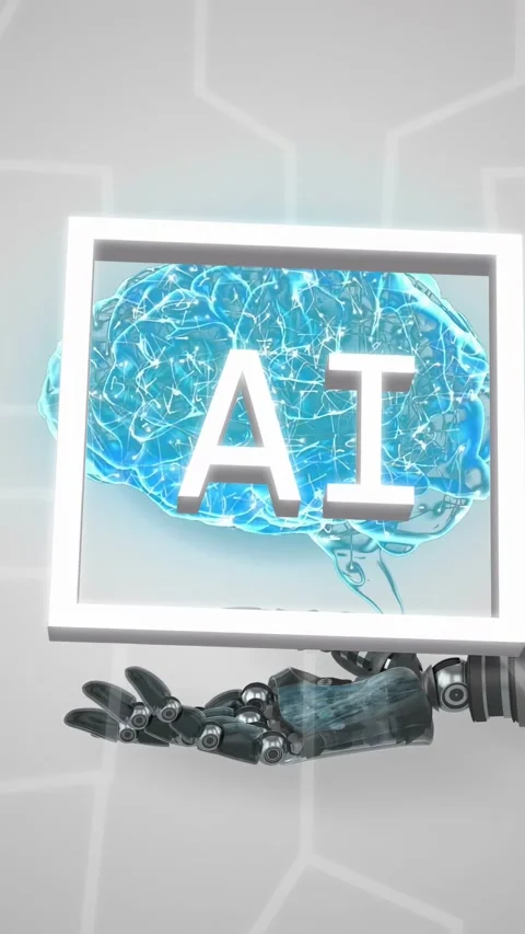 Vertical video: Frame entering causing robot hand holding holo brain, pulsing Stock Footage 334378184
