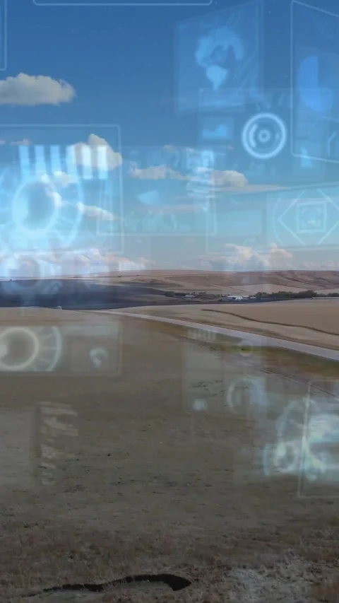 Vertical video: Frame two starting HUD panels appearing over farmland rising 库存影片 328350151