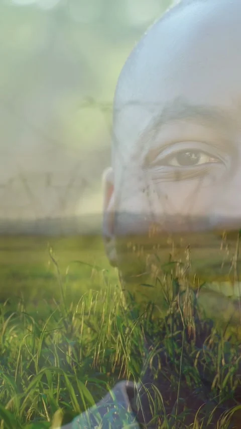 Vertical video: As frames advance man holding gaze and showing smile via field Stock Footage 335513850