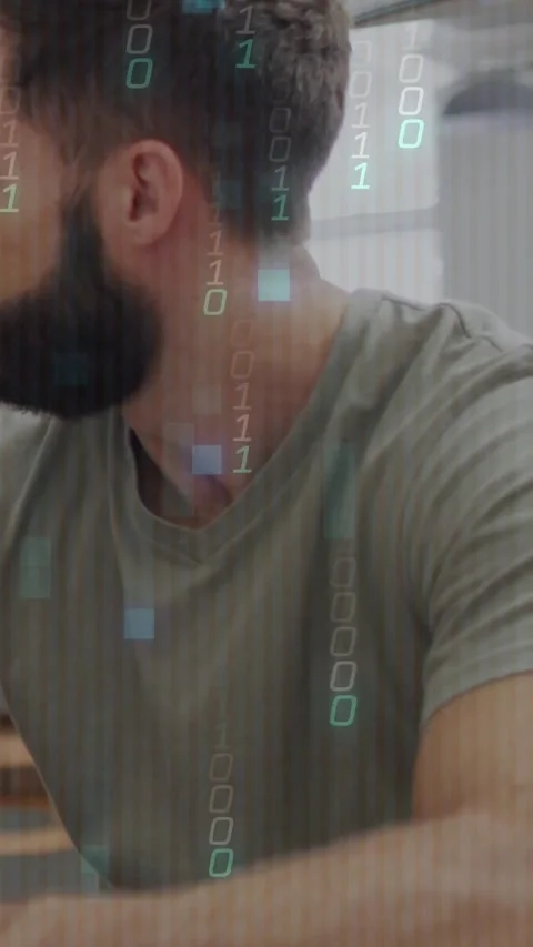 Vertical video: Frames cueing man turning left at table, binary overlay tracing Stock Footage 331703207