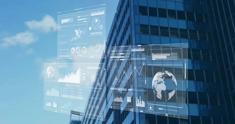 Vertical video: Frames loading HUD moving graphs rising globe turning showing Stock Footage 331272740