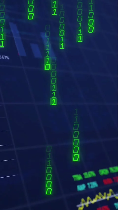 Vertical video: Frames moving, binary columns forming and falling over market Stock Footage 330332771