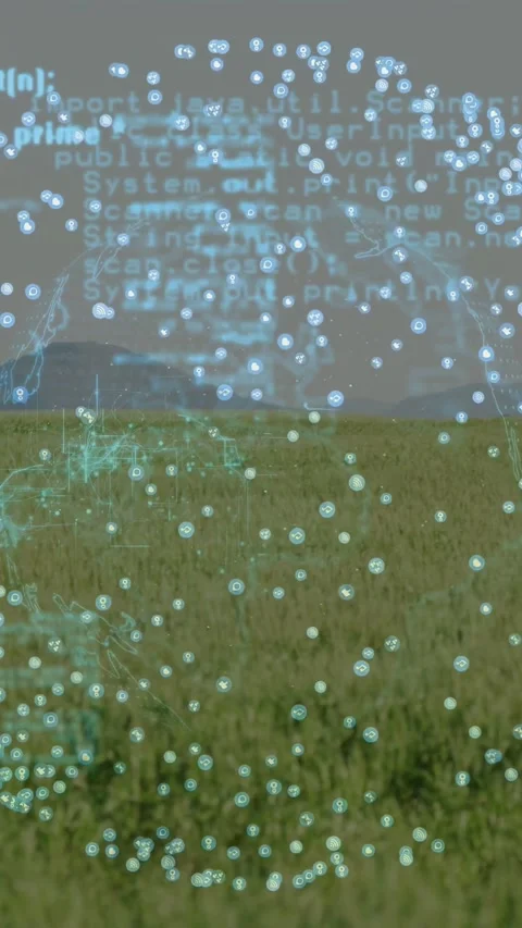 Vertical video: Frames moving holo rising over grass code flowing turbine rising Stock Footage 333235957