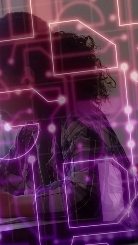 Vertical video: Frames shifting neon, student turning revealing profile and Stock Footage 331238499