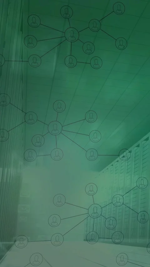 Vertical video: Frames starting faint tech overlay over corridor, nodes linking, Video stock 332644535