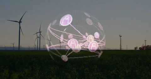 Vertical video: Frames starting holo globe over farm, rotating, pulsing nodes Stock Footage 334040636