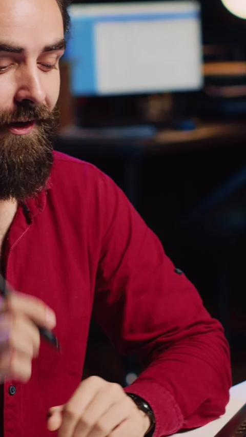 Vertical video Freelancer filming tutorial on how to use graphic tablet, close Stock Footage 256096220