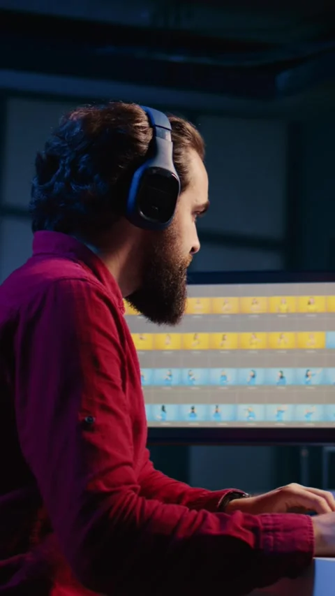 Vertical video Freelancer using photographs retouching program, hearing songs Stock Footage 256095650